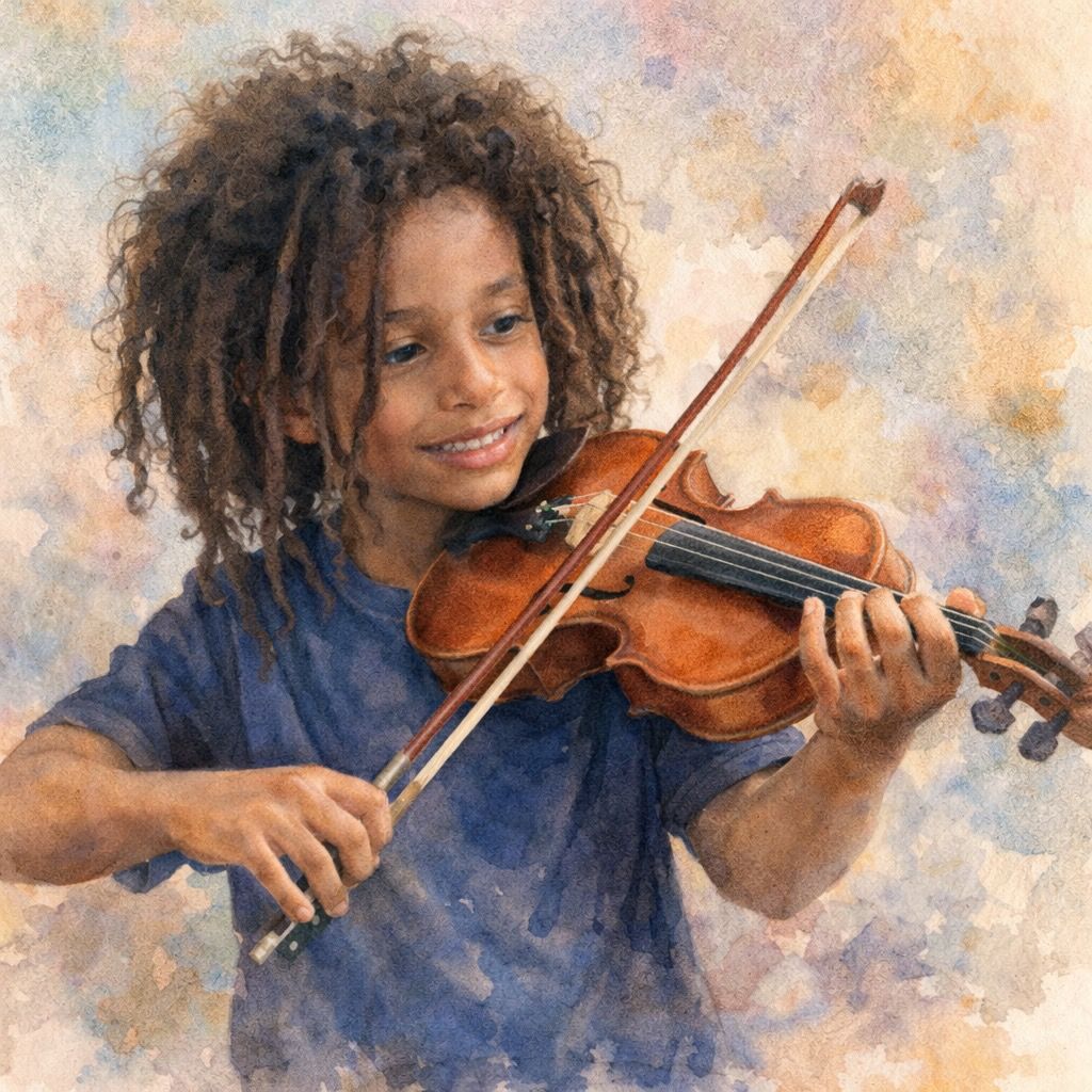 Watercolor painting of a smiling child playing the violin