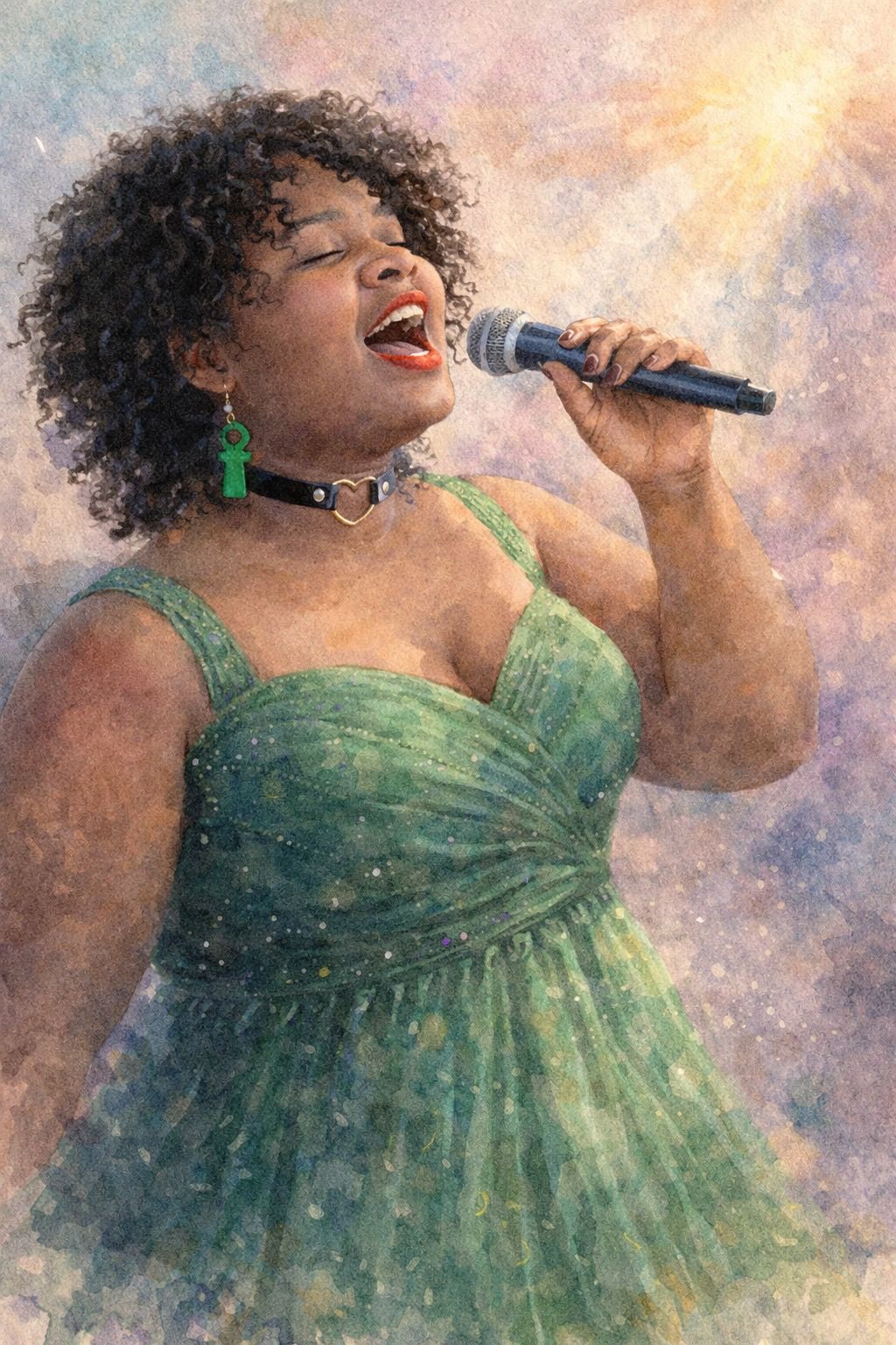 Watercolor-style painting of a singer in a green dress performing into a handheld microphone.