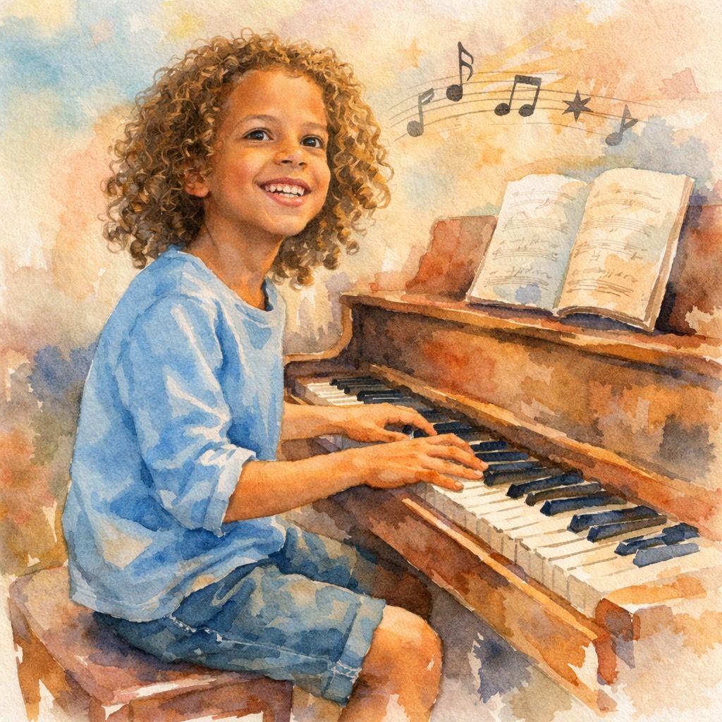 Watercolor-style painting of a curly-haired child playing the piano with music notes floating above.