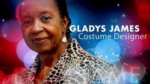 Title card reading Gladys James, Costume Designer, beside her portrait.