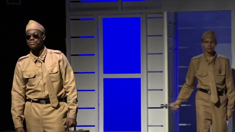 Two actors in khaki Army uniforms on stage in A Soldier's Play.