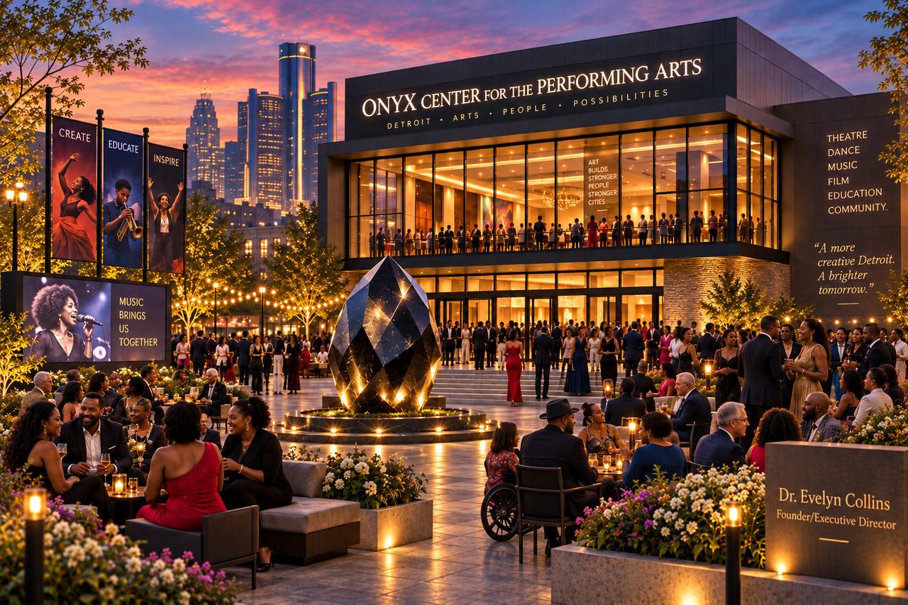 Concept rendering of the Onyx Center for the Performing Arts at dusk: a glass-fronted building with the Detroit skyline behind it, a faceted black sculpture in a plaza full of guests, and banners reading Create, Educate, Inspire.
