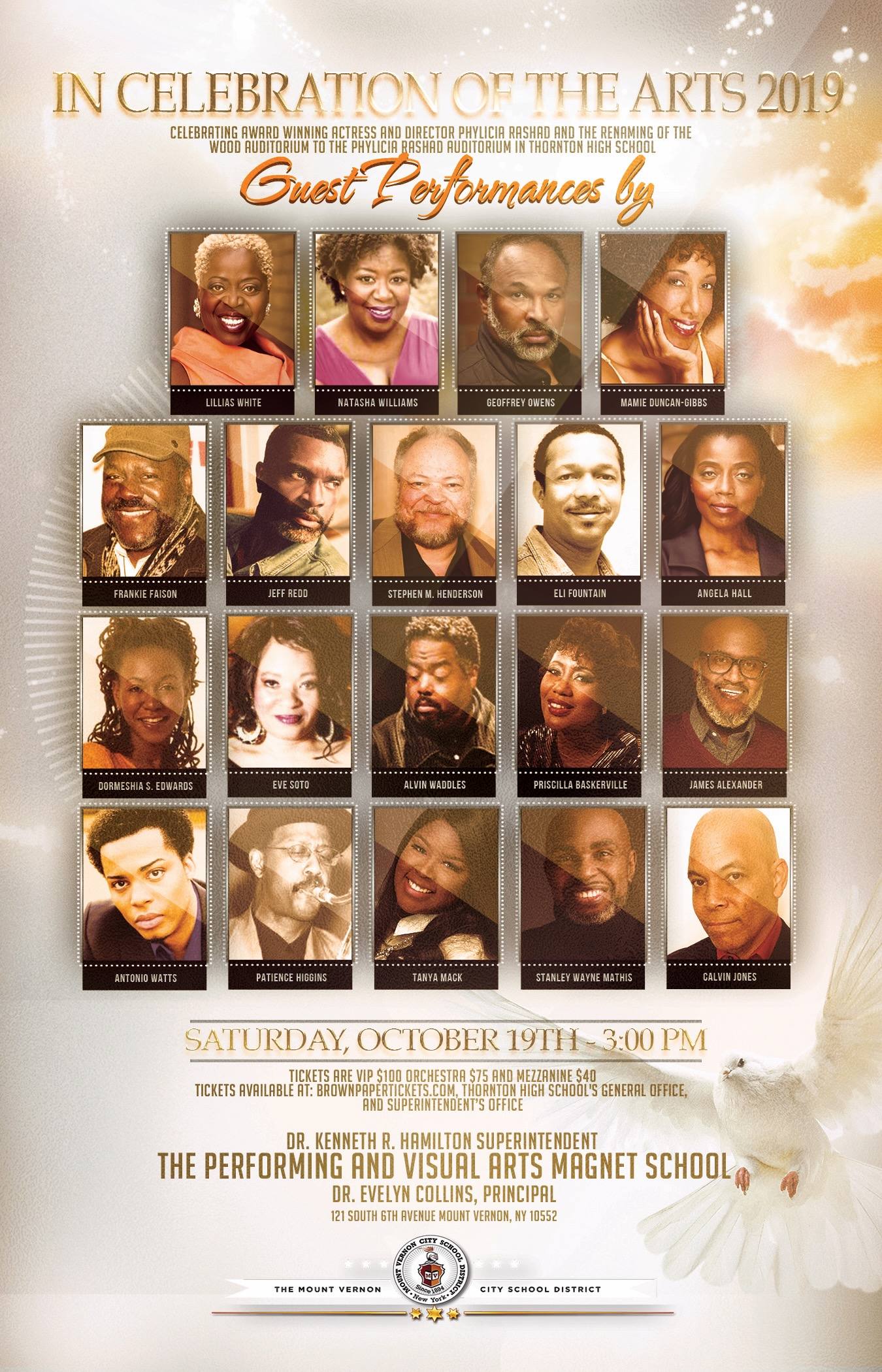 Printed program poster for In Celebration of the Arts 2019, with portraits of guest performers and details of the renaming of the Wood Auditorium in honor of Phylicia Rashad.